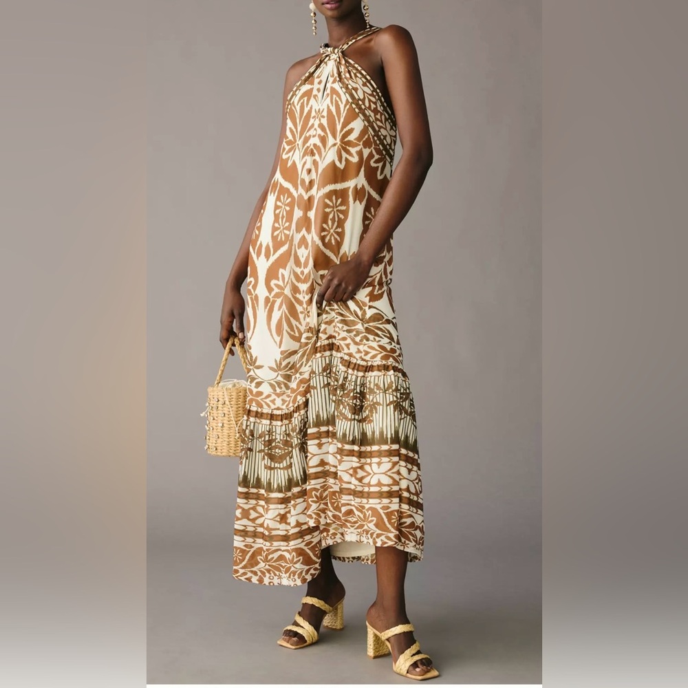 Anthropologie Vineet Bahl Printed Halter Maxi Dress Brown White Boho